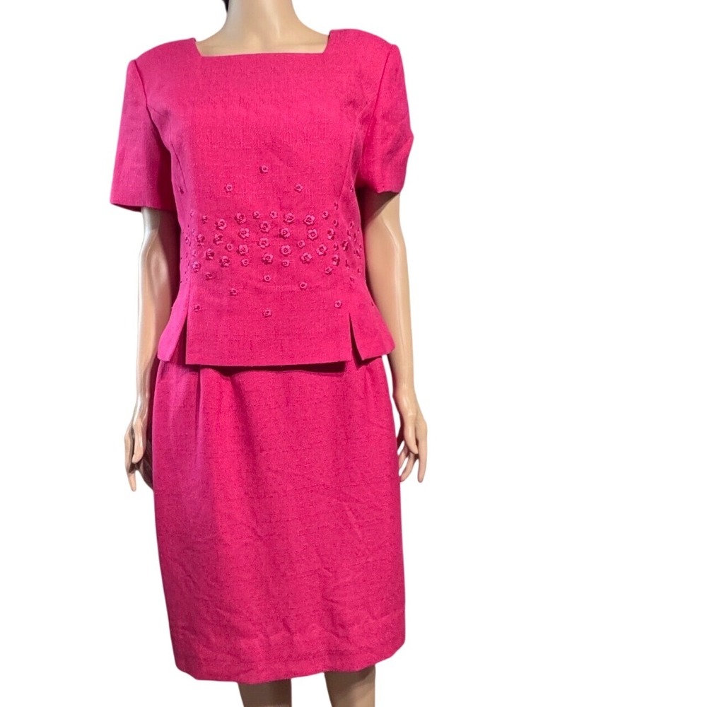 Kasper ASL Skirt Suit Womens 12 Beaded Floral Embroidery Fuchsia Pink 2pc Set